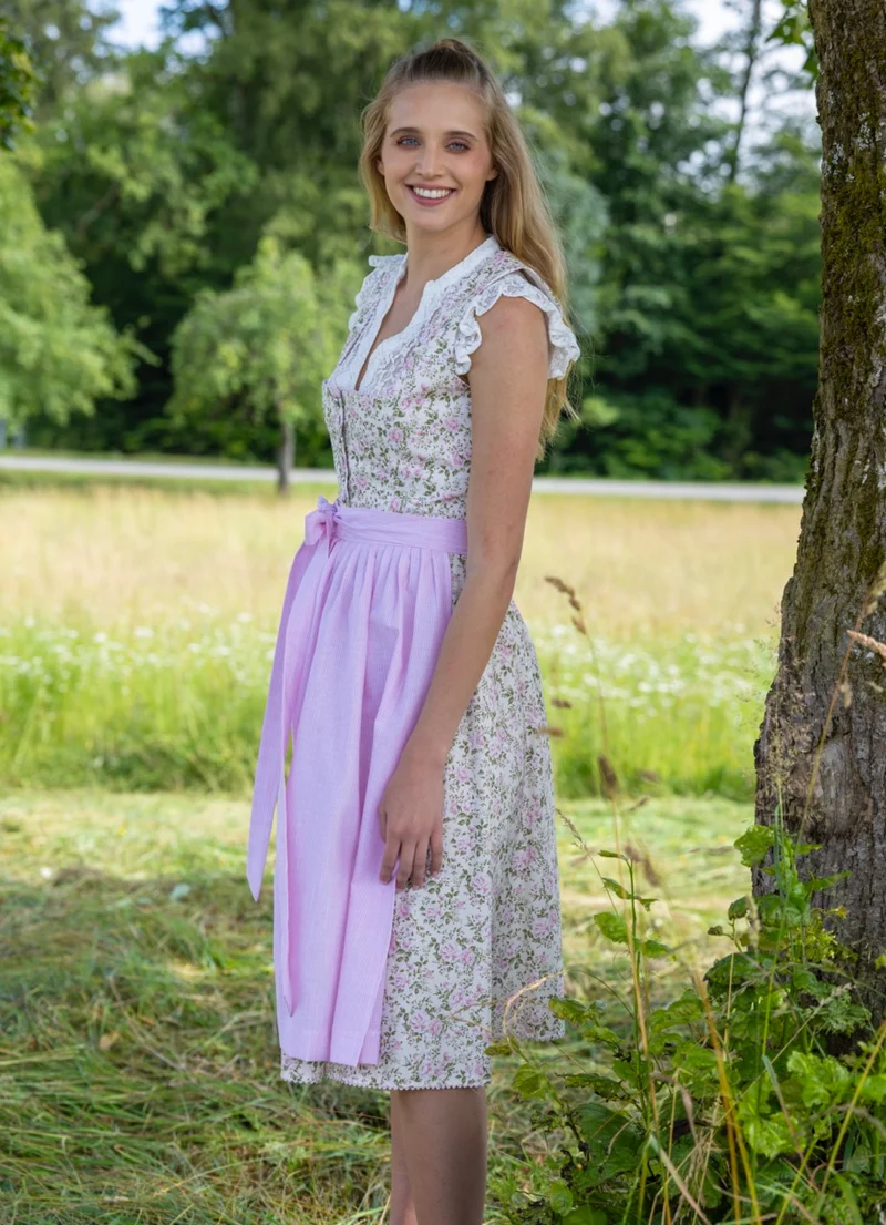 Rosendruck-Dirndl mit Streifen-Schürze