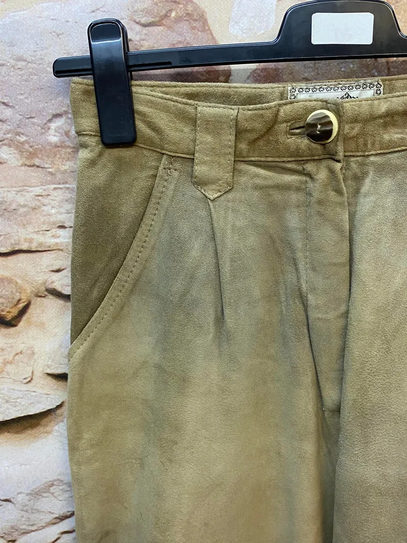 Damen Trachten Lederhose lang Gr. 40 – olivfarbene Wildlederhose