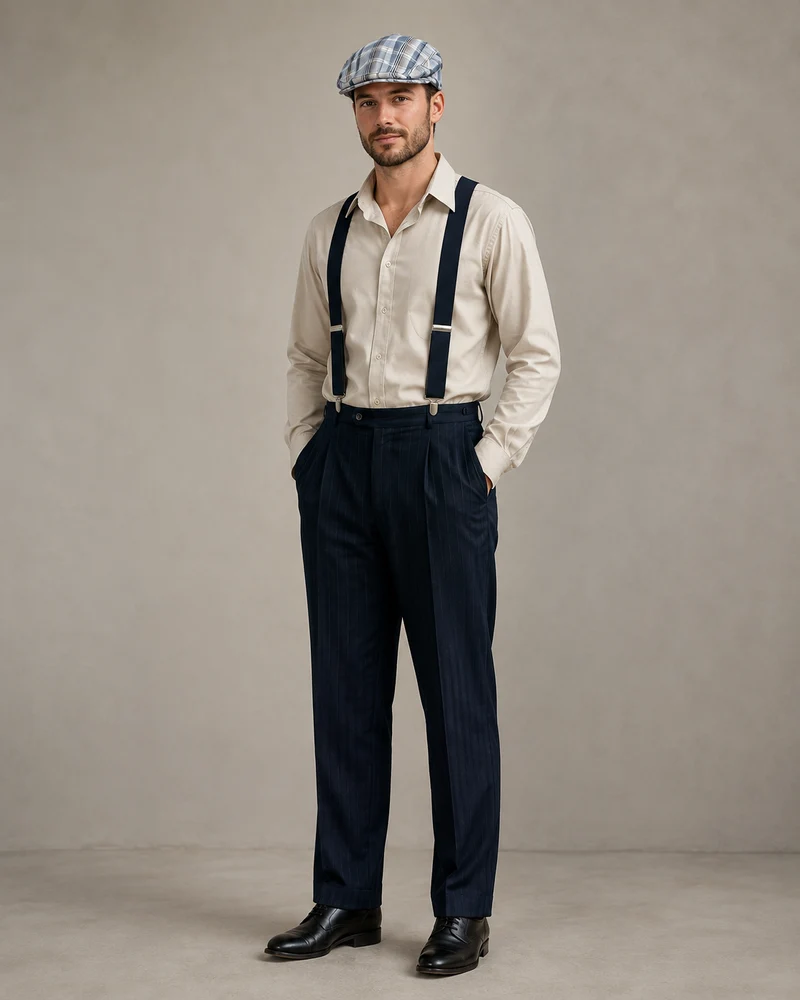 20er Jahre Herren Outfit Gr. 54 – Hemd, Hosenträger & Schiebermütze
