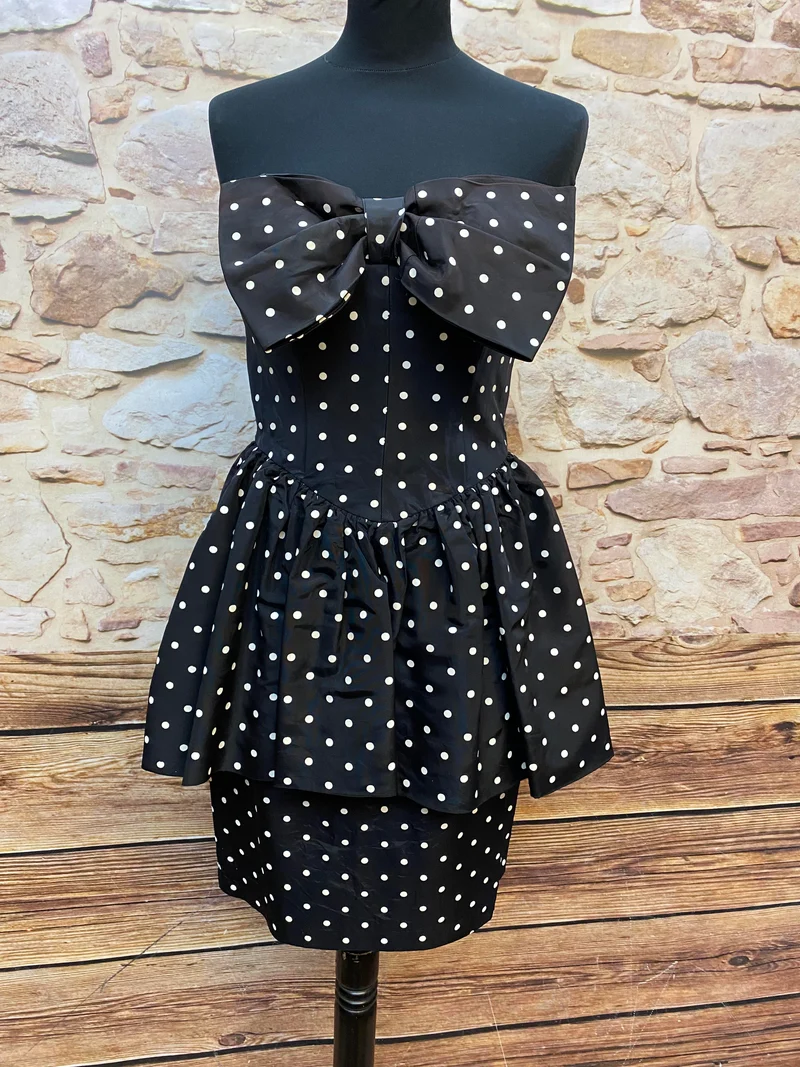 Rockabilly Kleid Schwarz Weiß Gr. 34 – gepunktetes Bandeaukleid mit großer Schleife