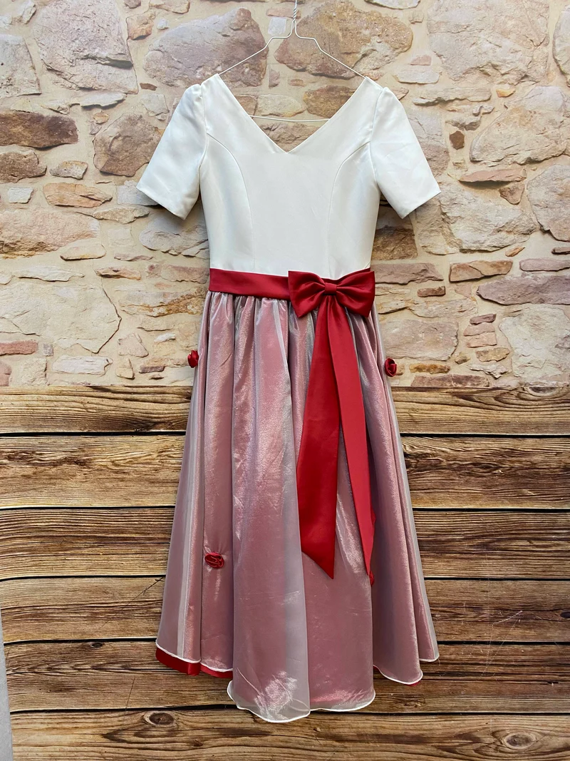 50er Jahre Kleid Gr. 32 – Creme-Rosa Abendkleid mit roter Schleife
