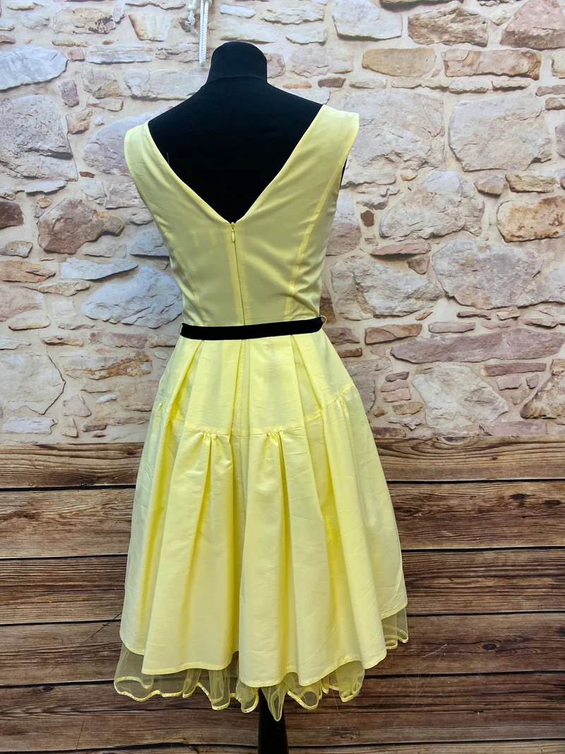 50er Jahre Kleid Hellgelb Gr. 34 – Swing Kleid mit Samtgürtel