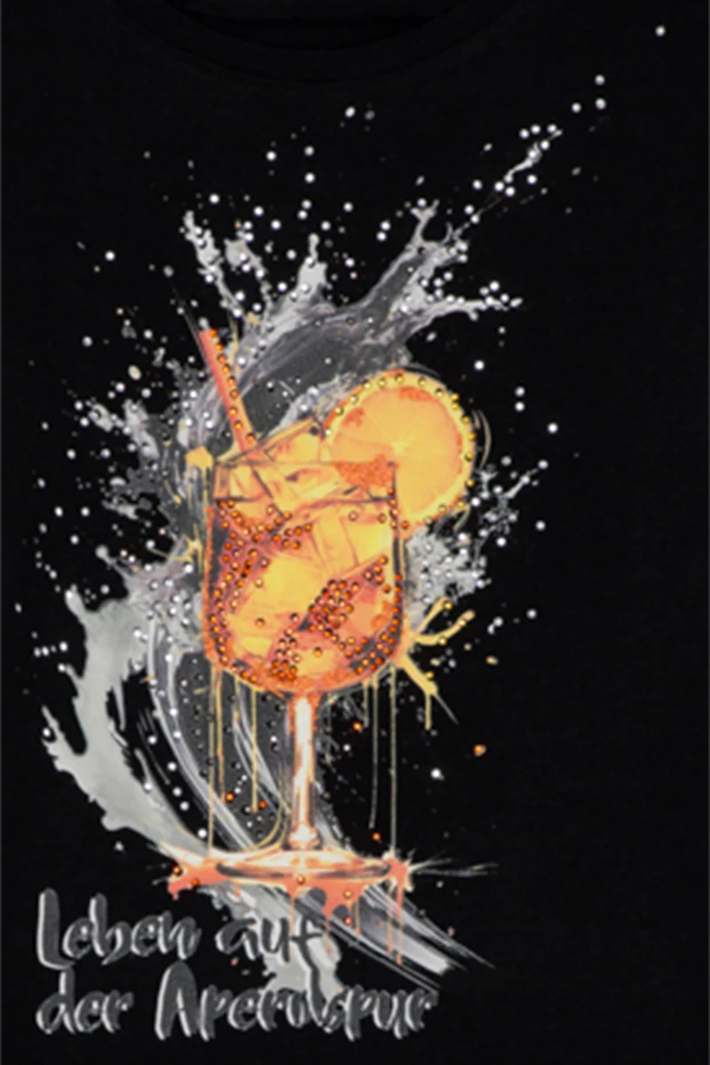 Damen T-Shirt mit Aperolglas und Glitzersteinen - schwarz
