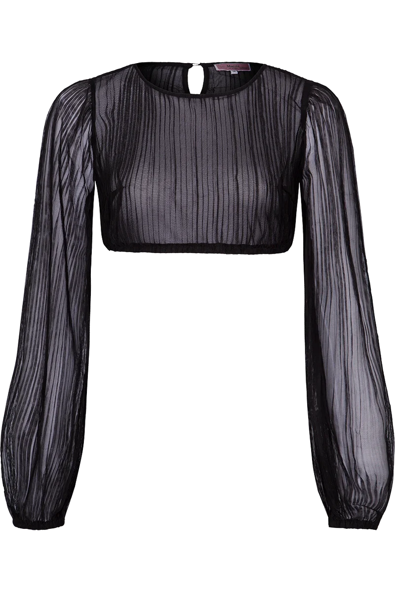 Dirndlbluse mit langen Puffärmeln und Streifenmuster - schwarz