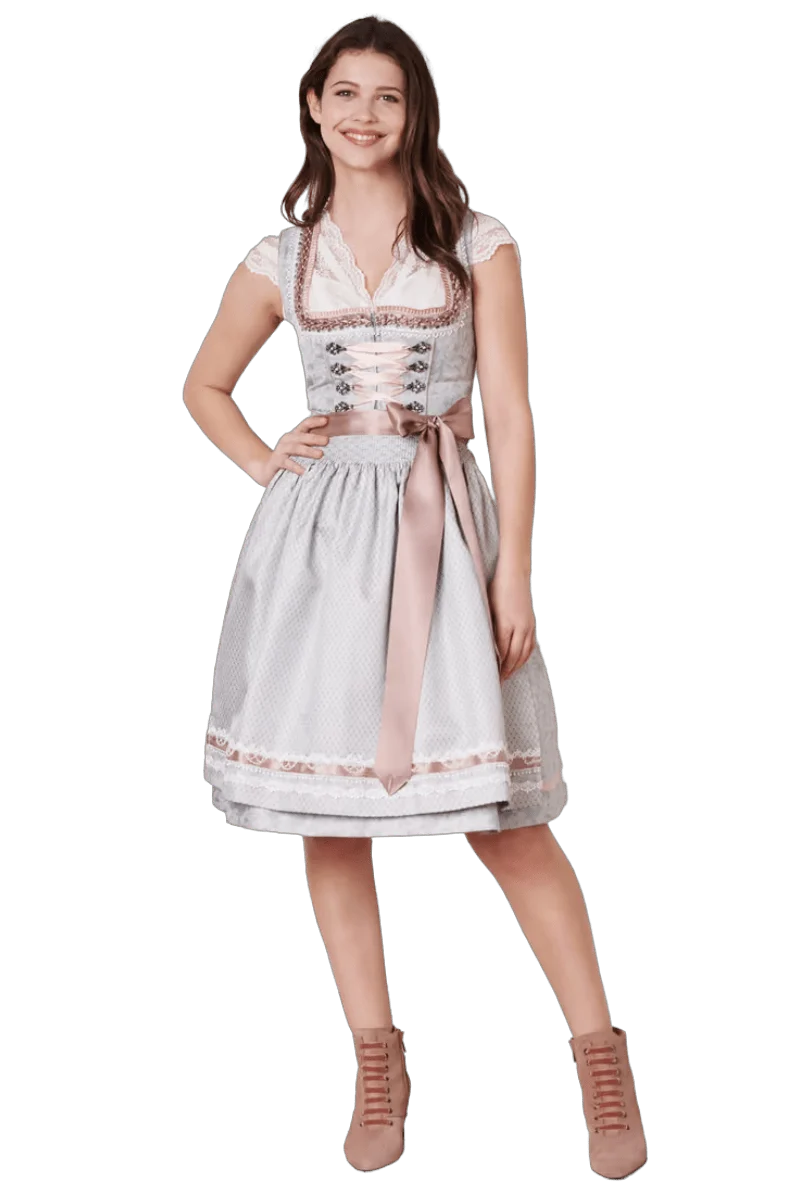 Dirndl Krüger Madl, Anella, Midi, Silber grau, rosé, Midi 60 cm