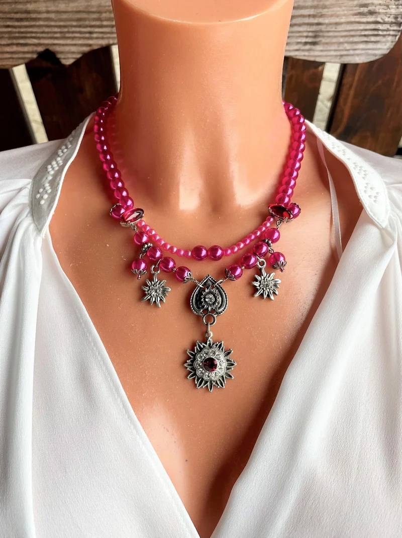 Trachten Kette Collier, pink, Blüten Perlen