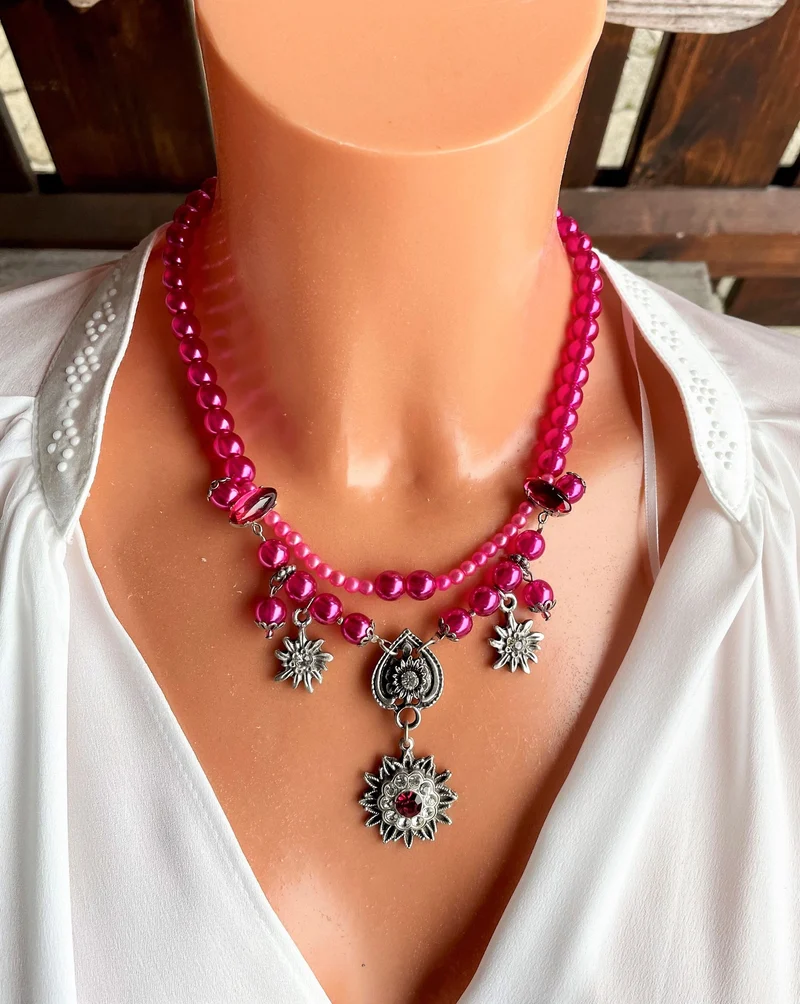 Trachten Kette Collier, pink, Blüten Perlen