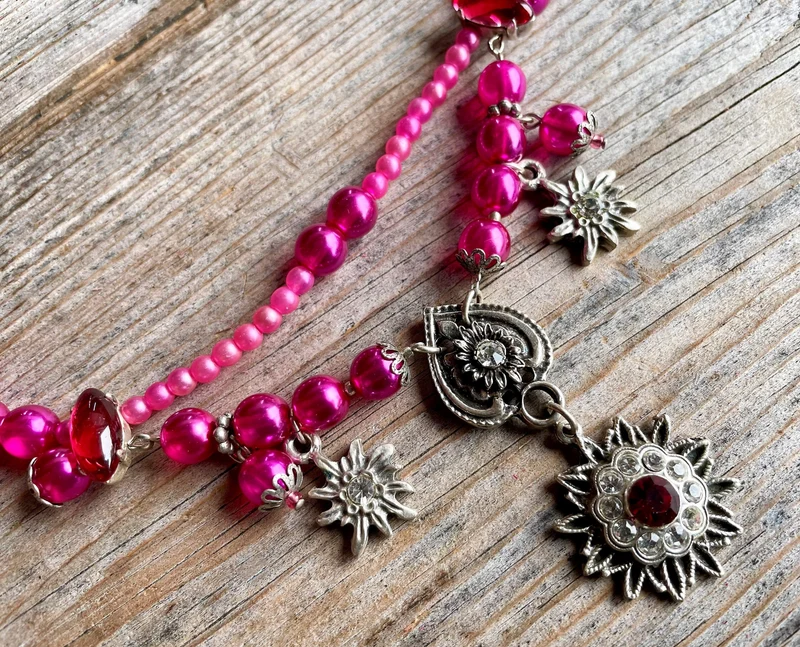 Trachten Kette Collier, pink, Blüten Perlen
