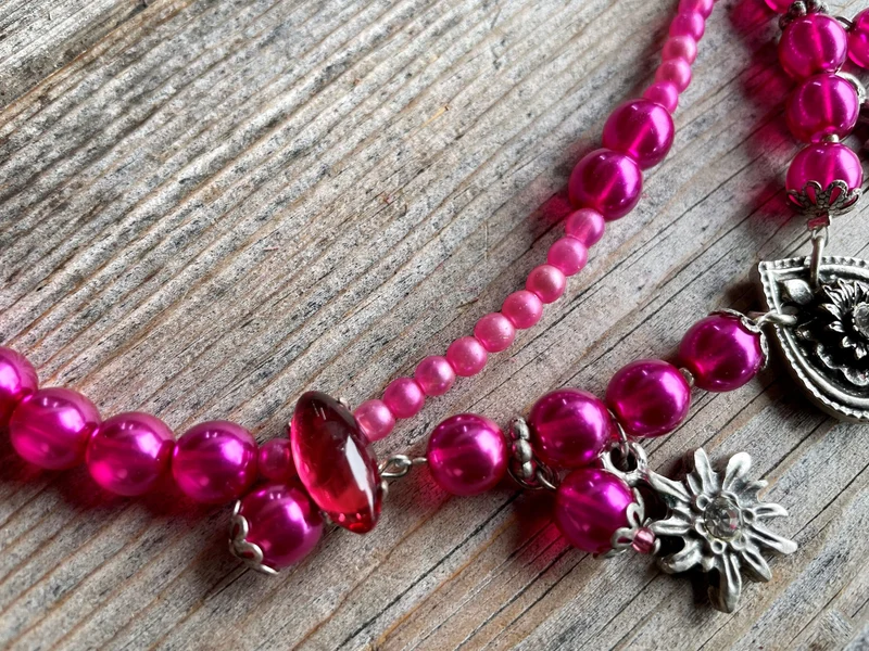 Trachten Kette Collier, pink, Blüten Perlen