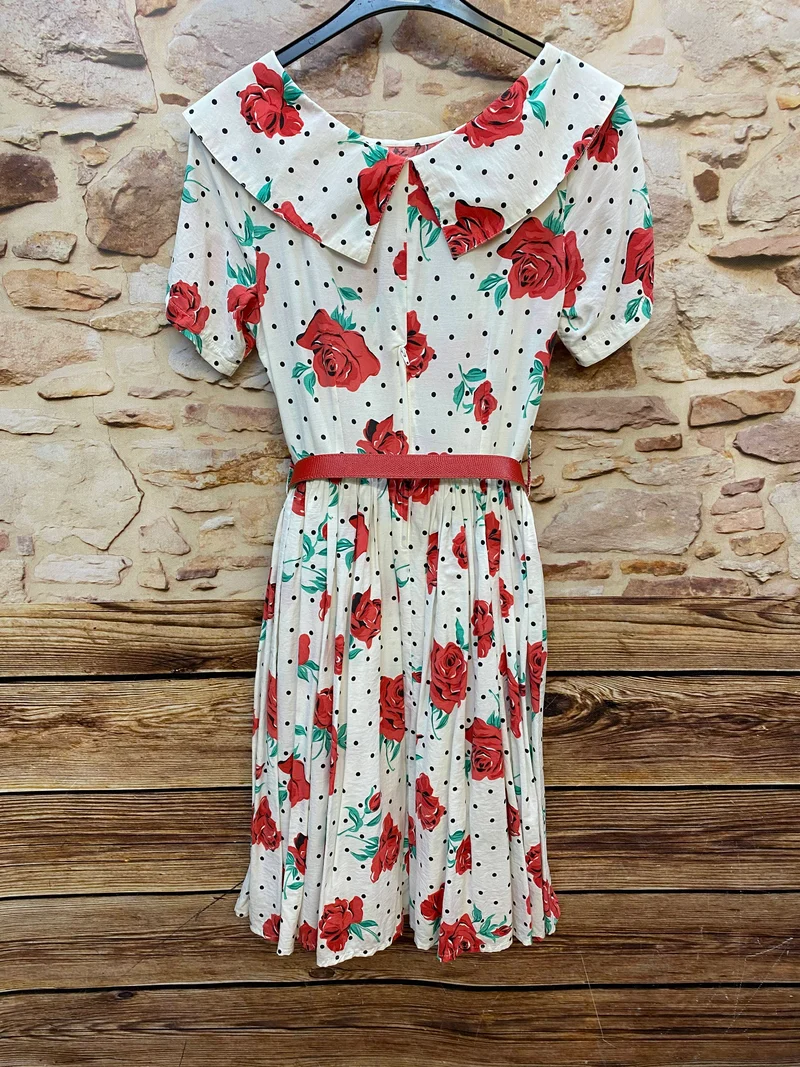 Original 50er Jahre Kleid Damen Vintage Rosen & Polka Dots – handgefertigtes Unikat Gr. 34