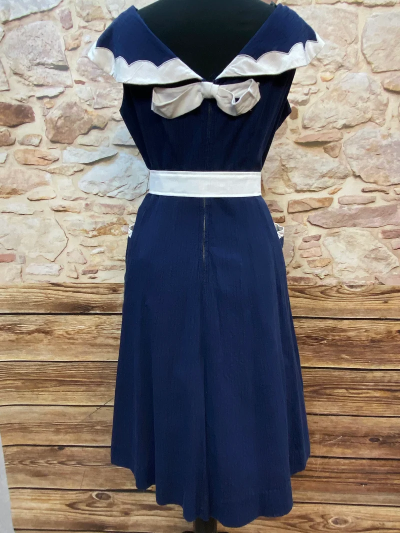 50er Jahre Kleid Damen Vintage Blau Weiß Gr. 42 | Original Matrosenkleid handgefertigt