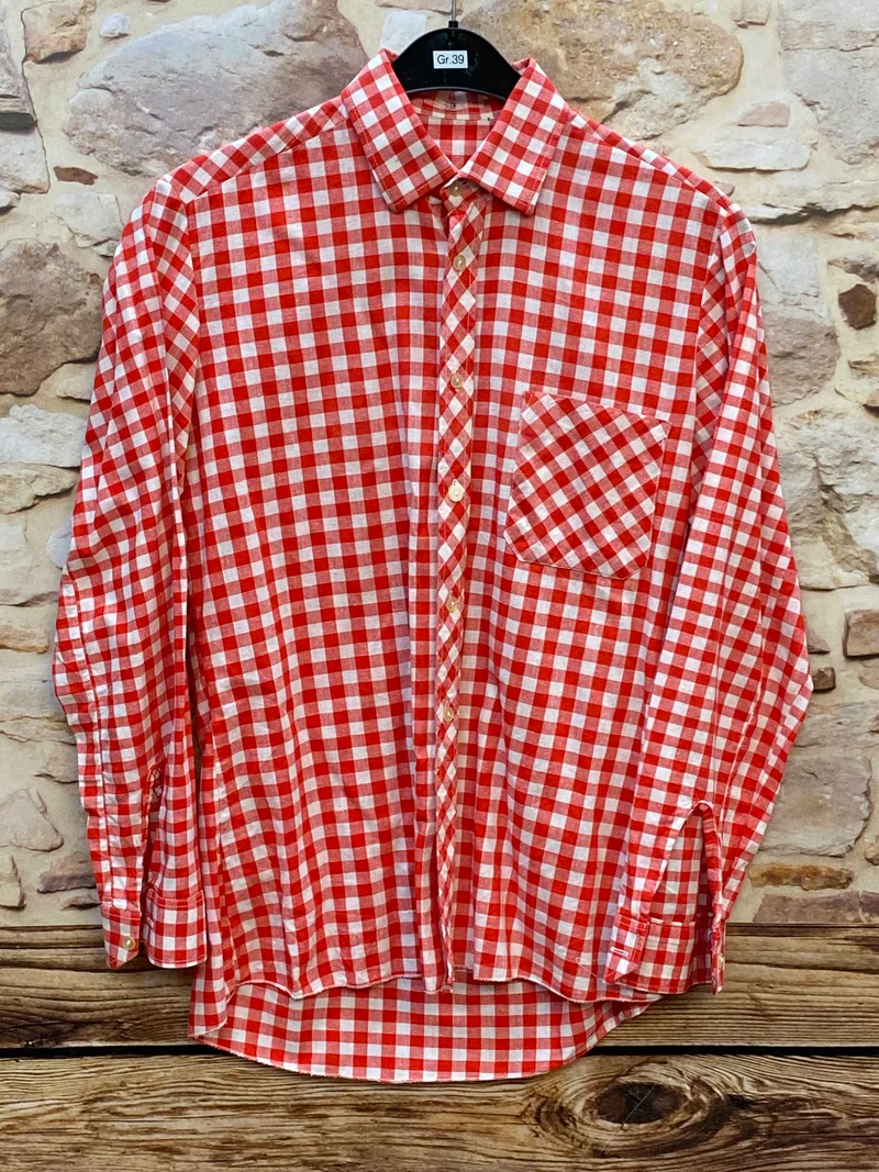 Vintage Trachtenhemd Herren rot-weiß kariert Gr. 39 | Langarm Landhaushemd