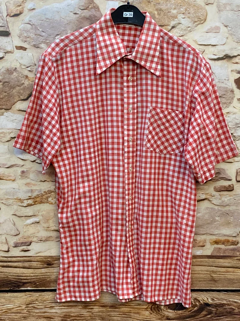 Vintage Trachtenhemd Herren rot-weiß kariert Gr. 39 | Kurzarm Landhaushemd