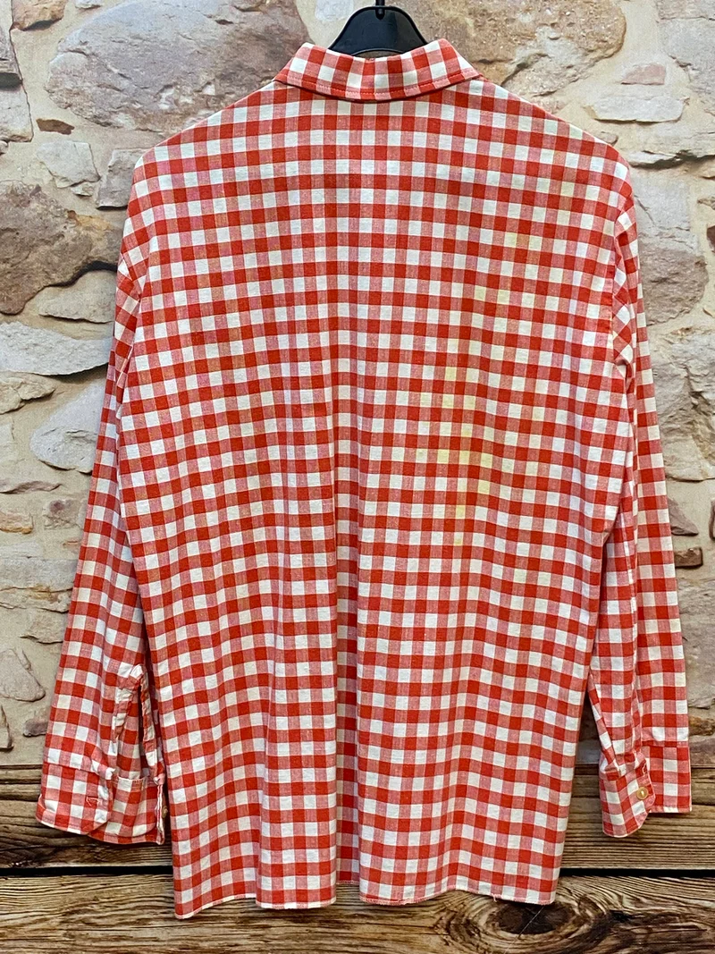 Vintage Trachtenhemd Herren rot-weiß kariert Gr. 39 | Langarm Landhausstil