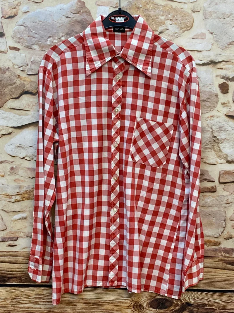 Vintage Herren Trachtenhemd rot weiß kariert Gr. 39 | Langarm