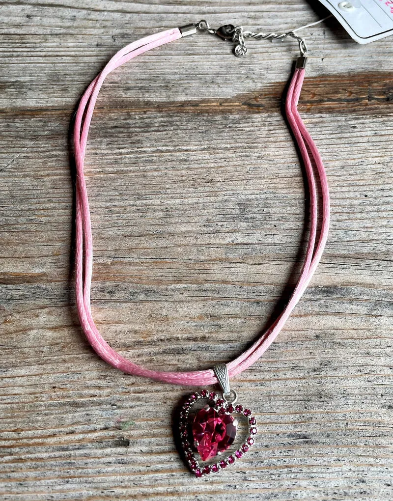 Trachten Kette rosa Satinband mit Swarowski Herz