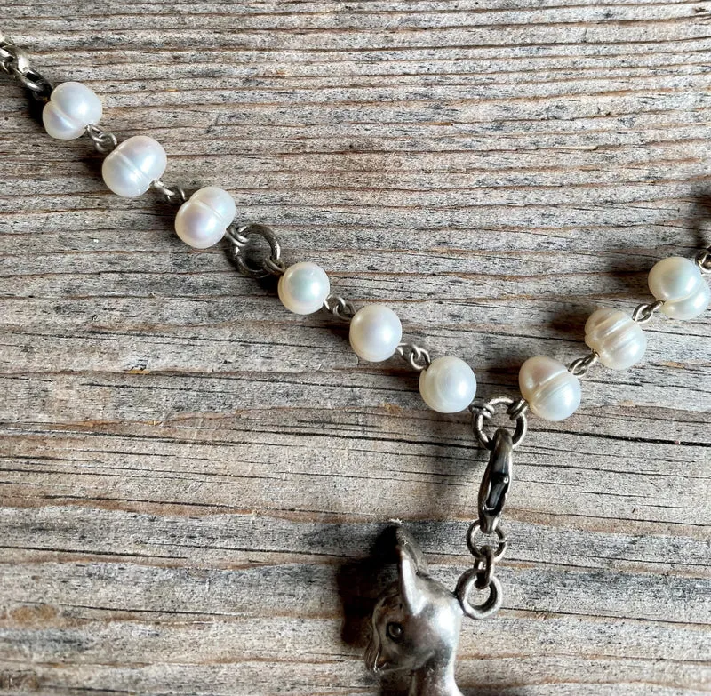 Trachten Kette Collier, Süßwasser Perlen, Reh