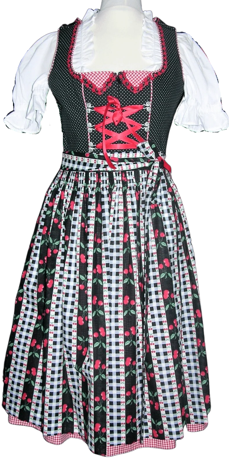 Dirndl Rose, Baumwolle, Kirschen, schwarz, rot, Midi 60 cm