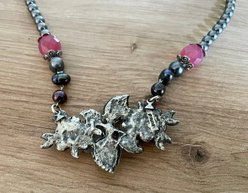Trachten Kette Collier, pink, grau Blüten Perlen