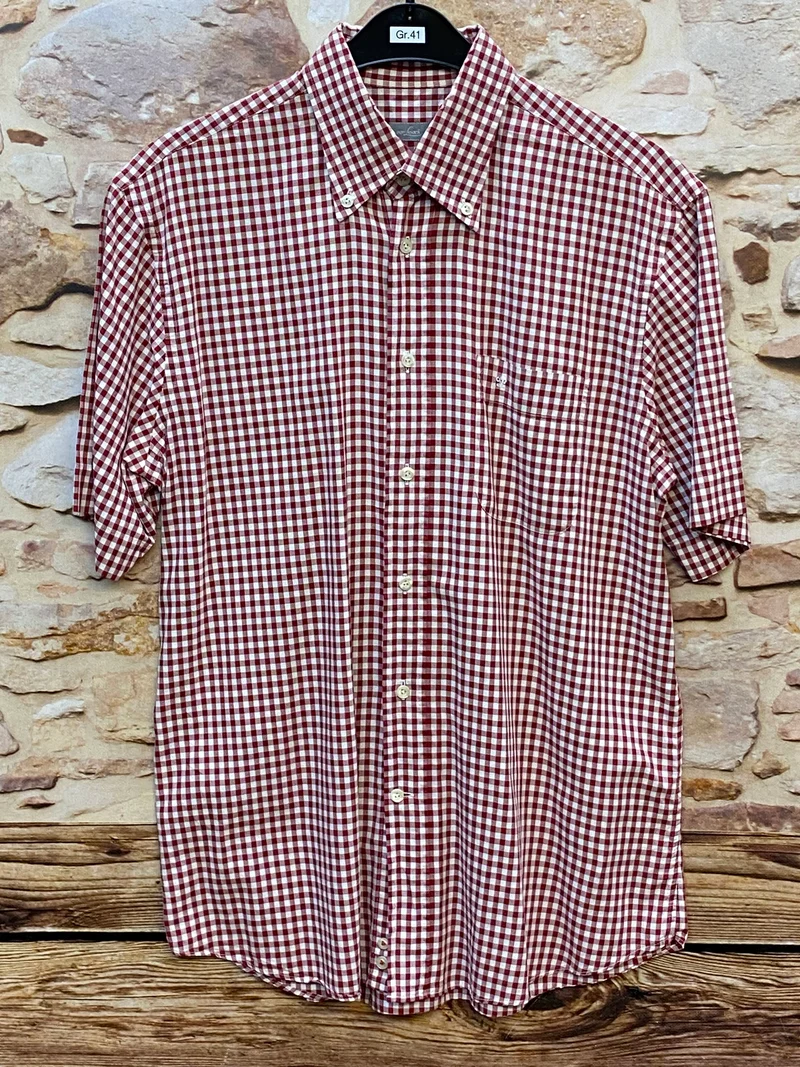 Van Laack Herrenhemd Rot-Weiß Kariert Gr. 41 – Kurzarm Trachtenhemd mit Button-Down-Kragen