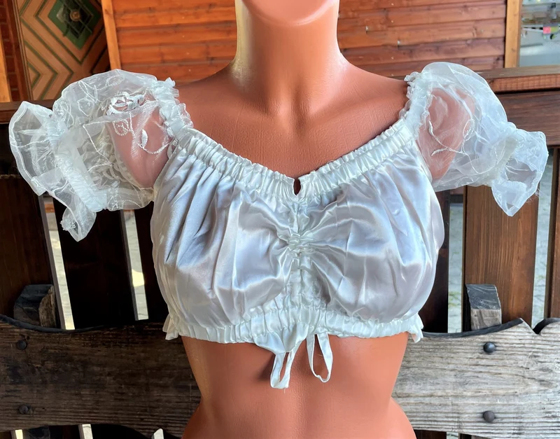 Dirndlbluse Fuchs, ecru, Satin, Carmen, Spitze, Zugband