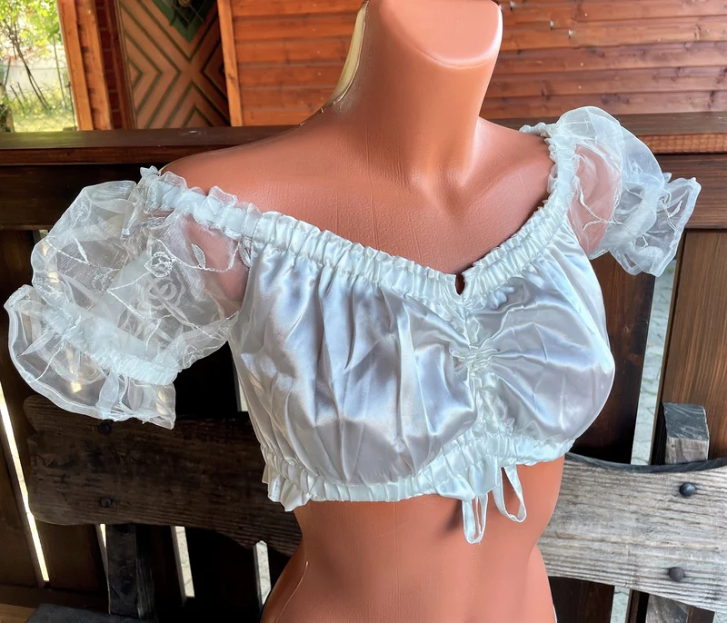 Dirndlbluse Fuchs, ecru, Satin, Carmen, Spitze, Zugband