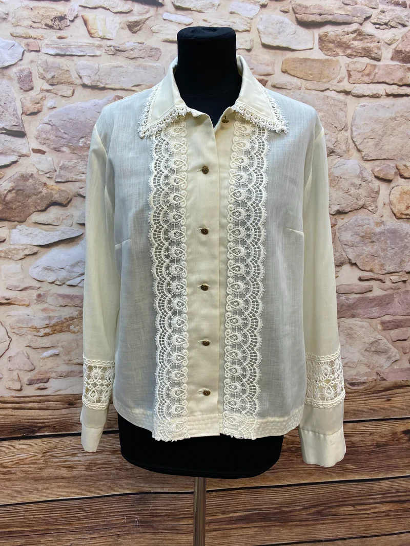 Vintage Bluse Damen Gr. 42 Creme mit Spitze – 1970er Jahre