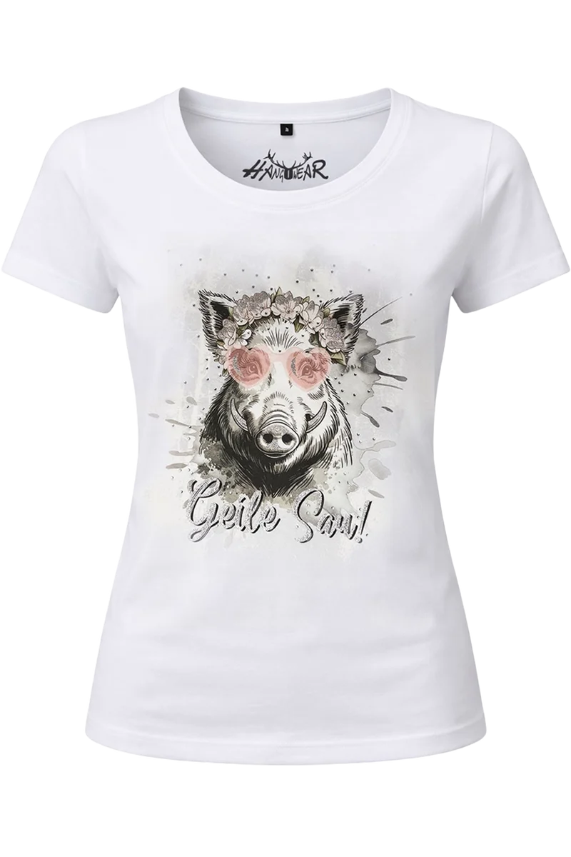 Damen Trachtenshirt mit Wildschweinmotiv und Glitzer - weiß