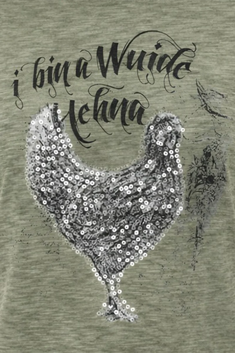 Damen Trachtenshirt meliert mit Hennenmotiv - dunkelgrün