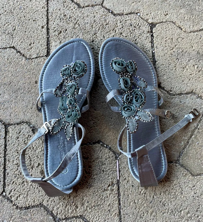 Sandalen, Zehentrenner, Grau, Glitzer, Silber