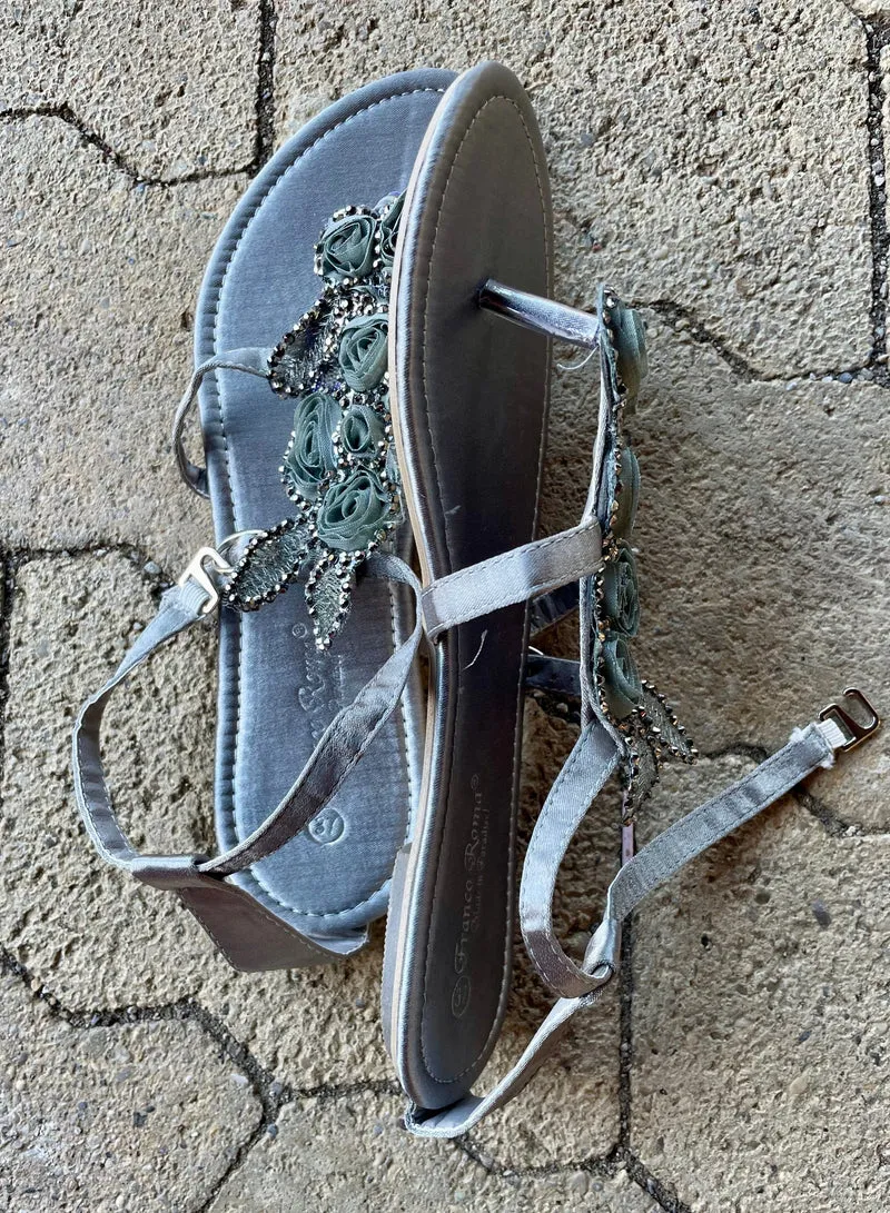 Sandalen, Zehentrenner, Grau, Glitzer, Silber