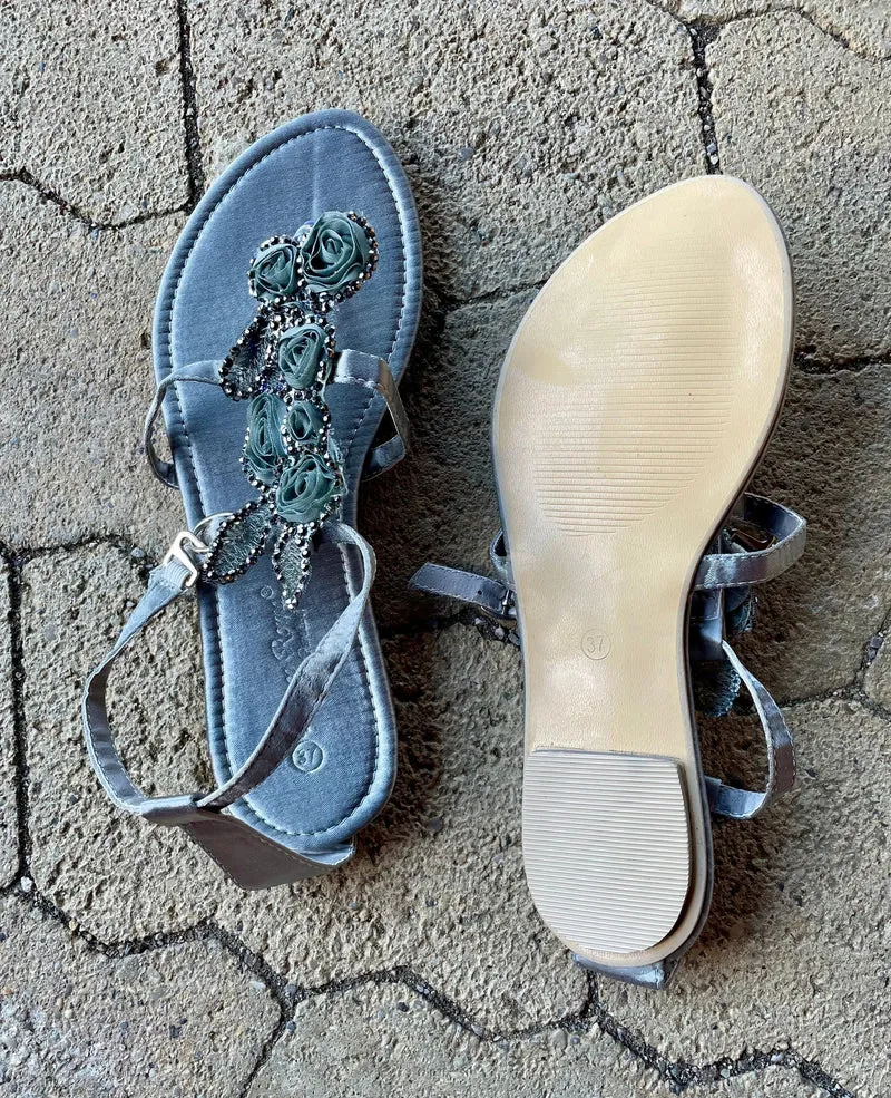 Sandalen, Zehentrenner, Grau, Glitzer, Silber
