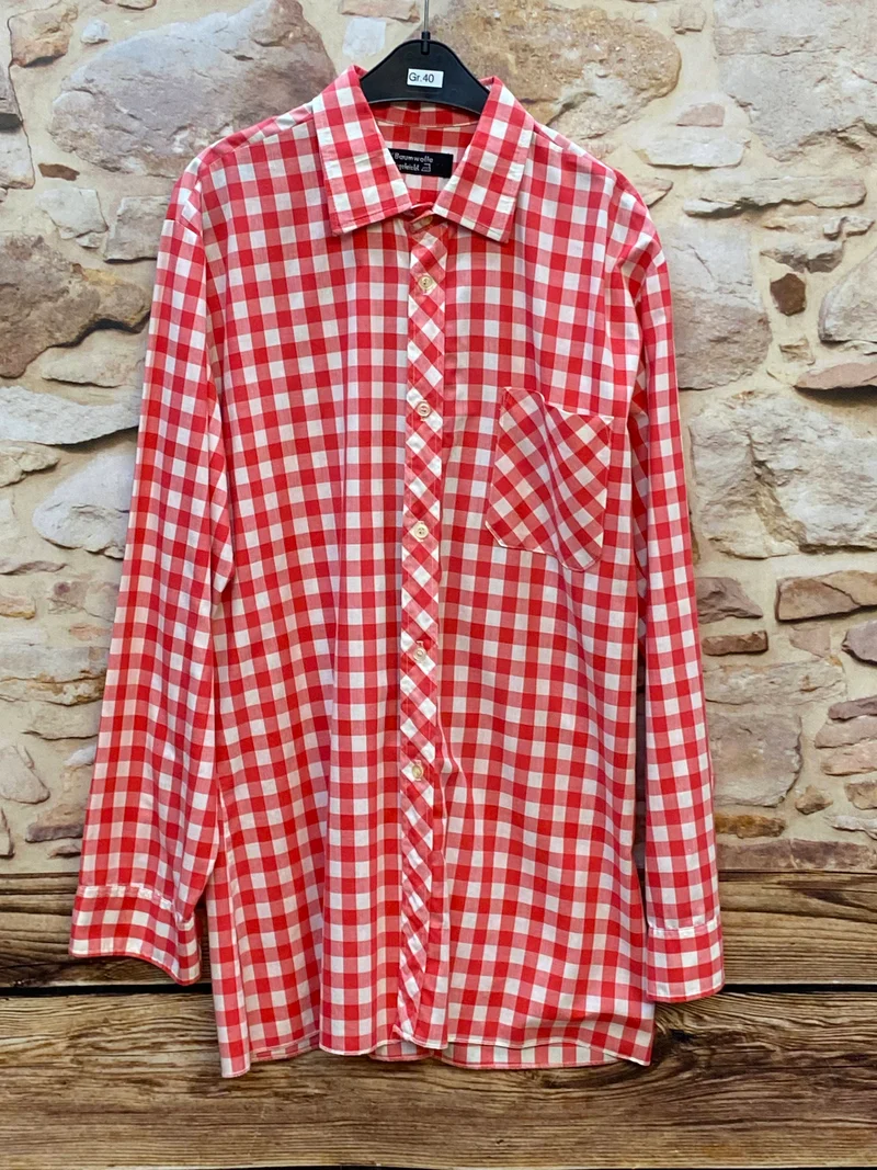 Vintage Trachtenhemd Herren Gr. 40 rot weiß kariert Baumwolle
