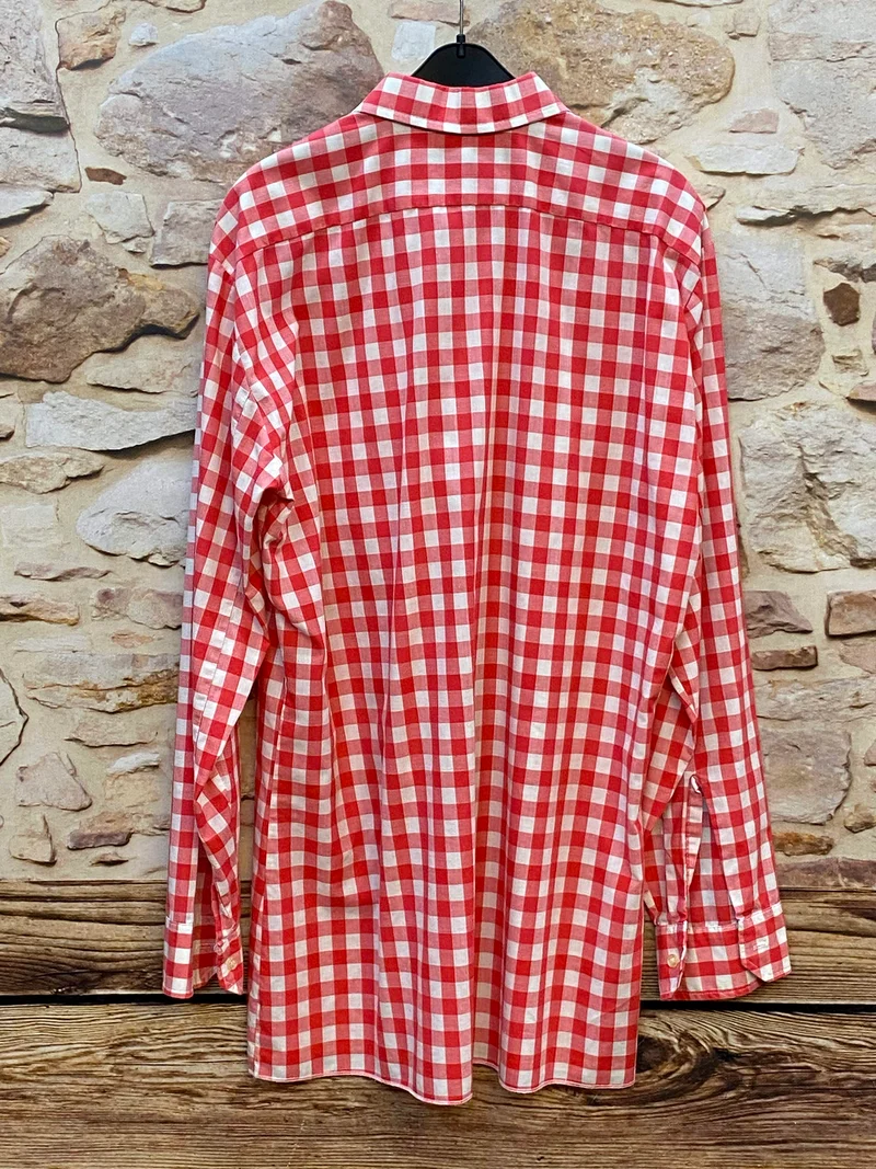 Vintage Trachtenhemd Herren Gr. 40 rot weiß kariert Baumwolle
