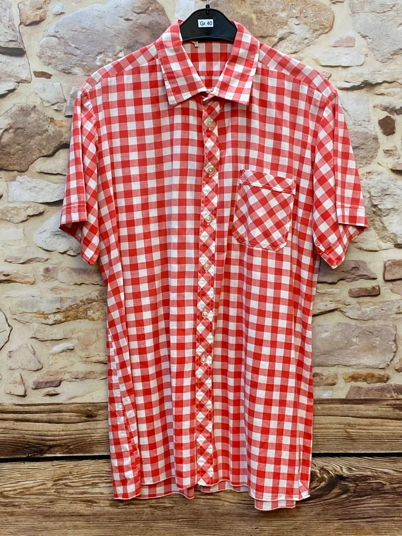 Vintage Trachtenhemd Herren Gr. 40 rot-weiß kariert – Country Style Kurzarmhemd