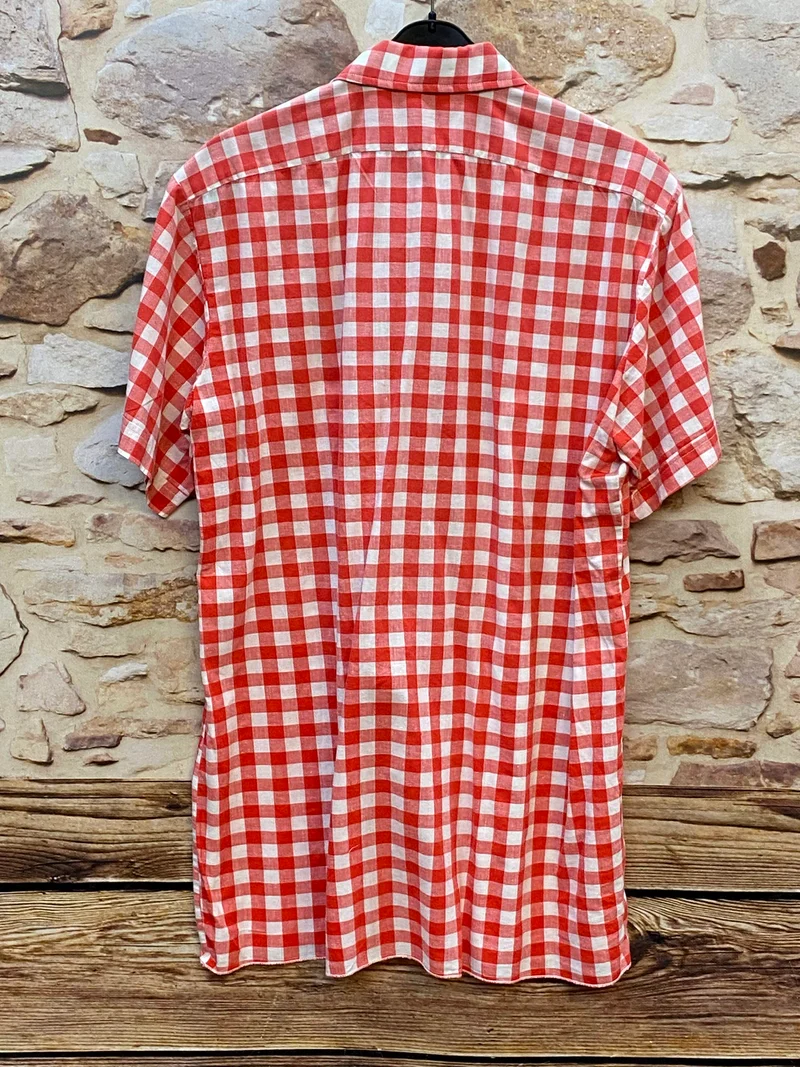Vintage Trachtenhemd Herren Gr. 40 rot-weiß kariert – Country Style Kurzarmhemd