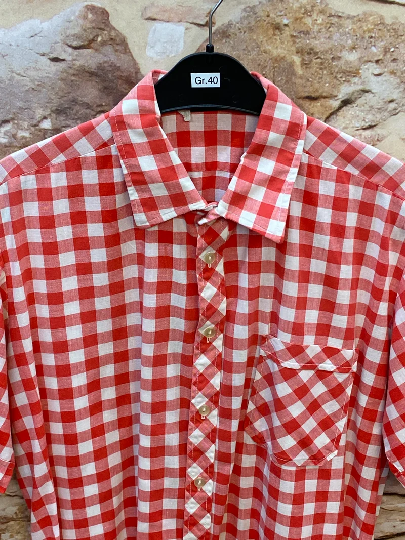 Vintage Trachtenhemd Herren Gr. 40 rot-weiß kariert – Country Style Kurzarmhemd