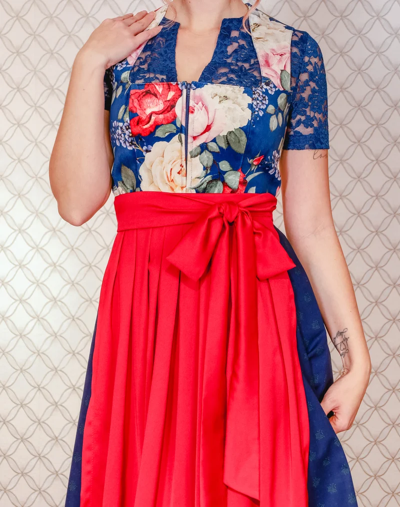 Samtdirndl Goldstich Blumen blau 75cm