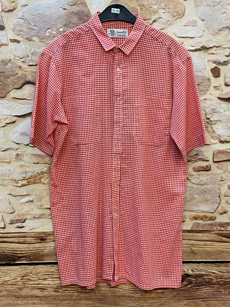 Vintage Trachtenhemd Gr. 40 – rot-weiß kariertes Kurzarmhemd von C&A Loose Fit