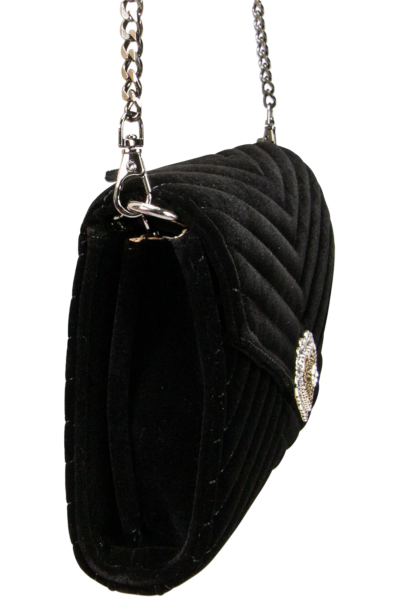 Damen Samtclutch mit Herz und Umhängekette - schwarz