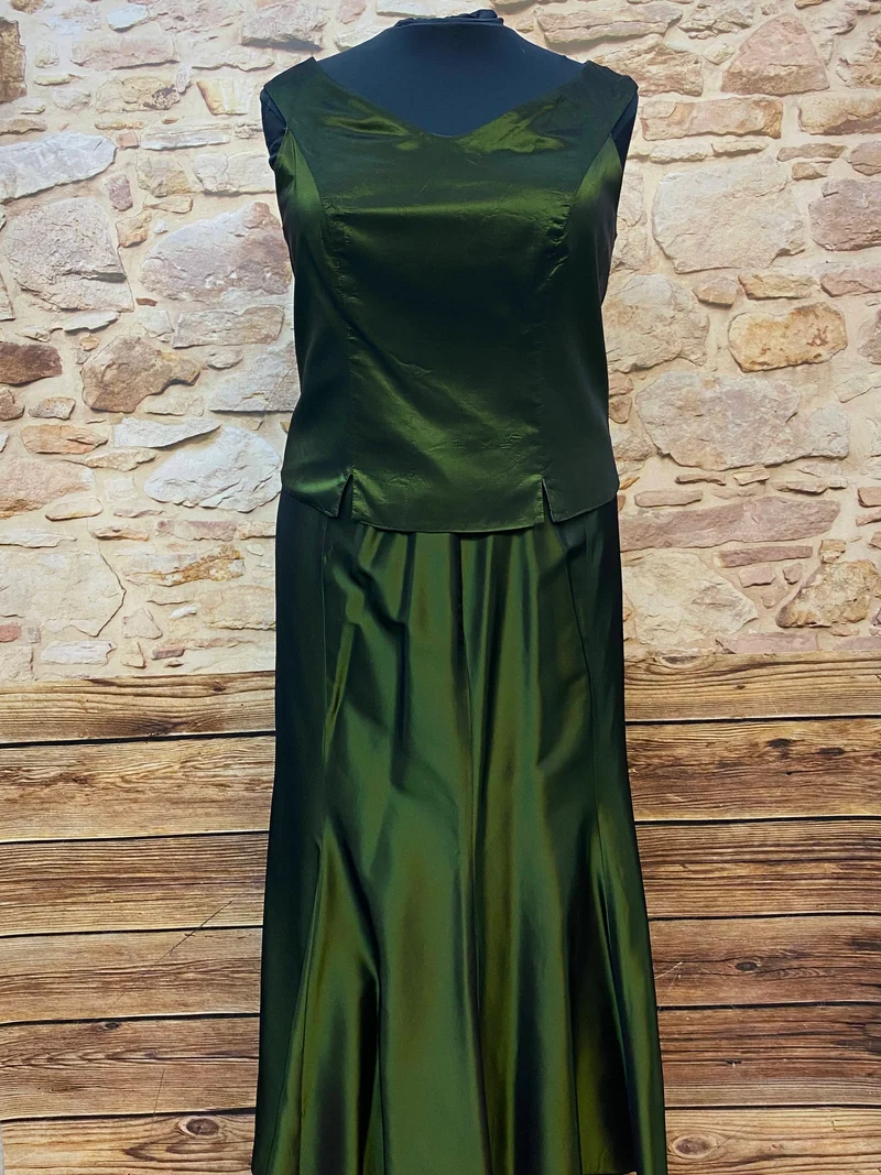 Vintage Abendkleid dunkelgrün schimmernd 2-teilig Gr. 48