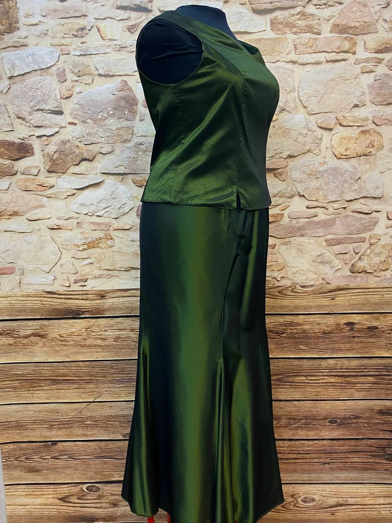 Vintage Abendkleid dunkelgrün schimmernd 2-teilig Gr. 48