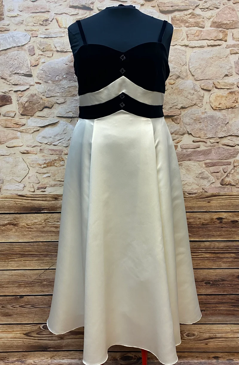 Vintage Abendkleid schwarz-creme mit Satinrock & Trägern Gr. 46