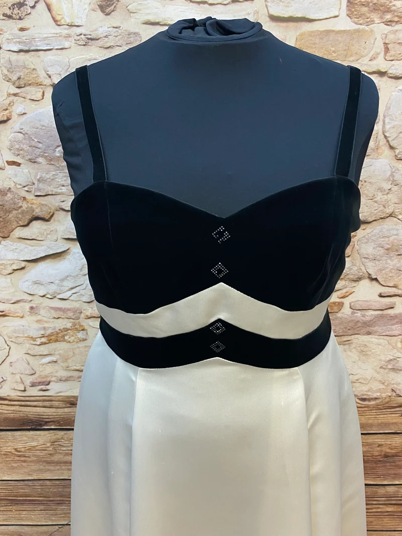 Vintage Abendkleid schwarz-creme mit Satinrock & Trägern Gr. 46