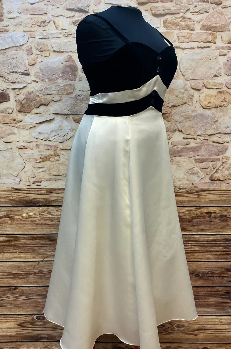 Vintage Abendkleid schwarz-creme mit Satinrock & Trägern Gr. 46