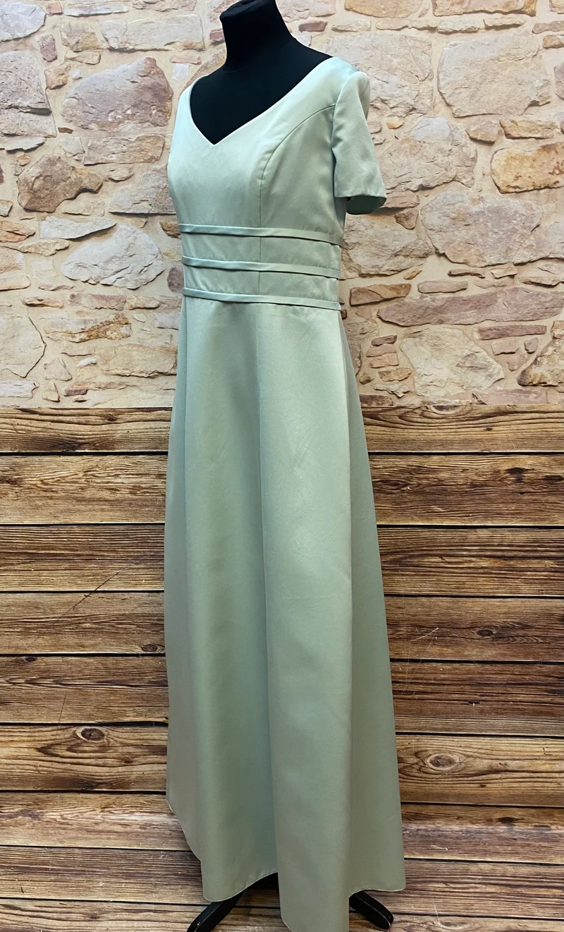 Vintage Abendkleid mintgrün mit V-Ausschnitt & kurzen Ärmeln Gr. 46