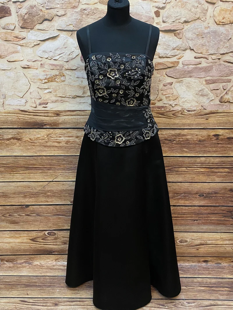 Vintage Abendkleid schwarz mit Perlenstickerei & Corsage Gr. 42