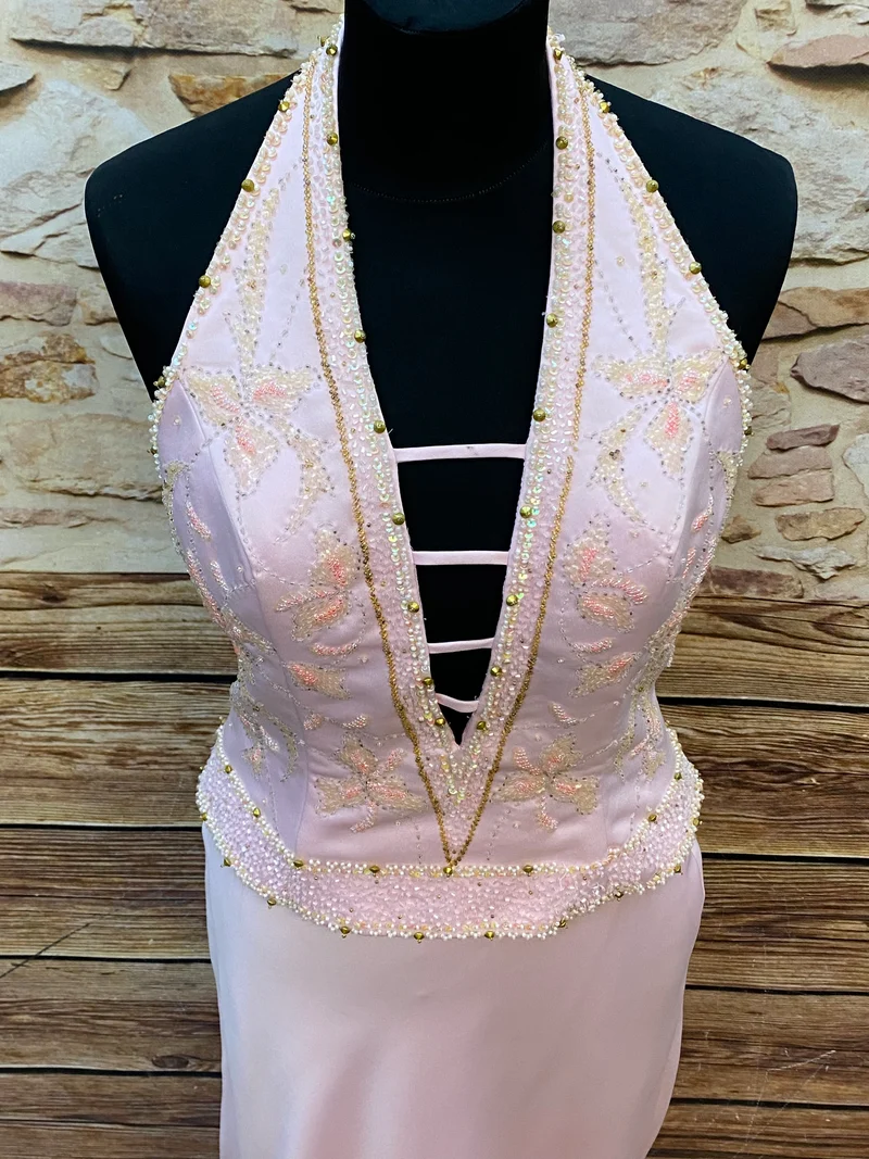 Vintage Abendkleid rosa mit Perlenstickerei & tiefem Rückenausschnitt Gr. 36