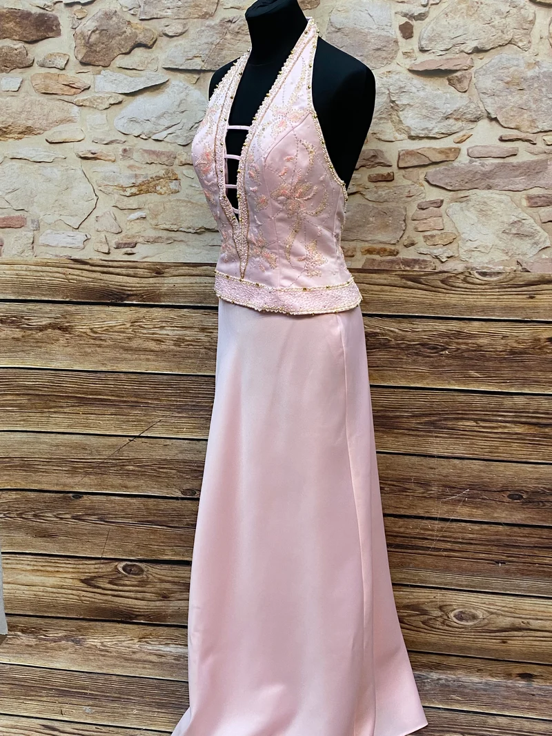 Vintage Abendkleid rosa mit Perlenstickerei & tiefem Rückenausschnitt Gr. 36