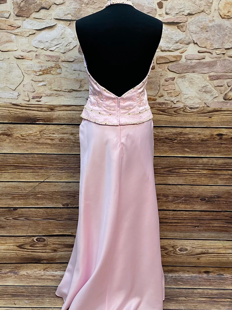 Vintage Abendkleid rosa mit Perlenstickerei & tiefem Rückenausschnitt Gr. 36